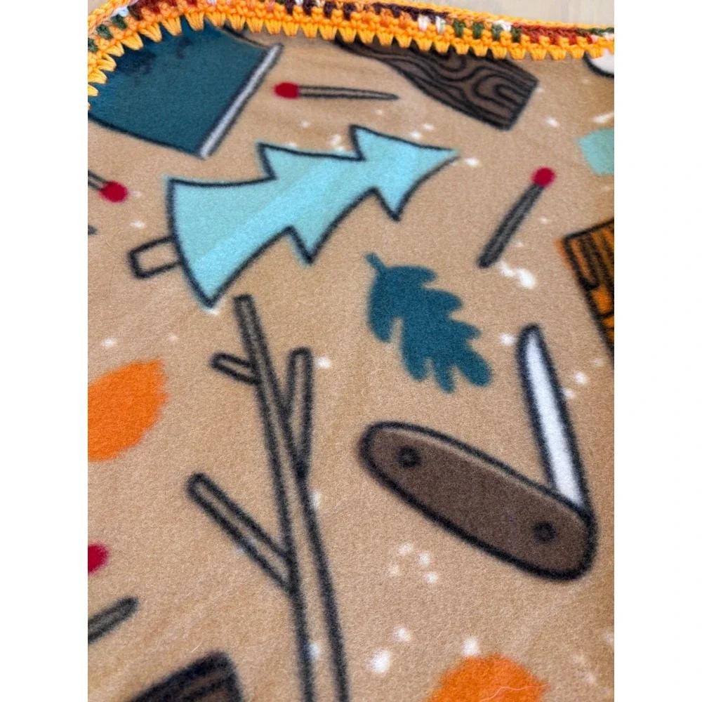 Tan‎ Camping Nature Print Fleece Baby Blanket Crochet Trim Mushrooms 29x26